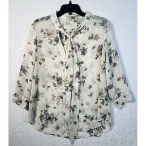 Urban Outfitters Kimchi Blue Sheer Floral Tie Neck Blouse‎ Popover M 3/4 Sleeve